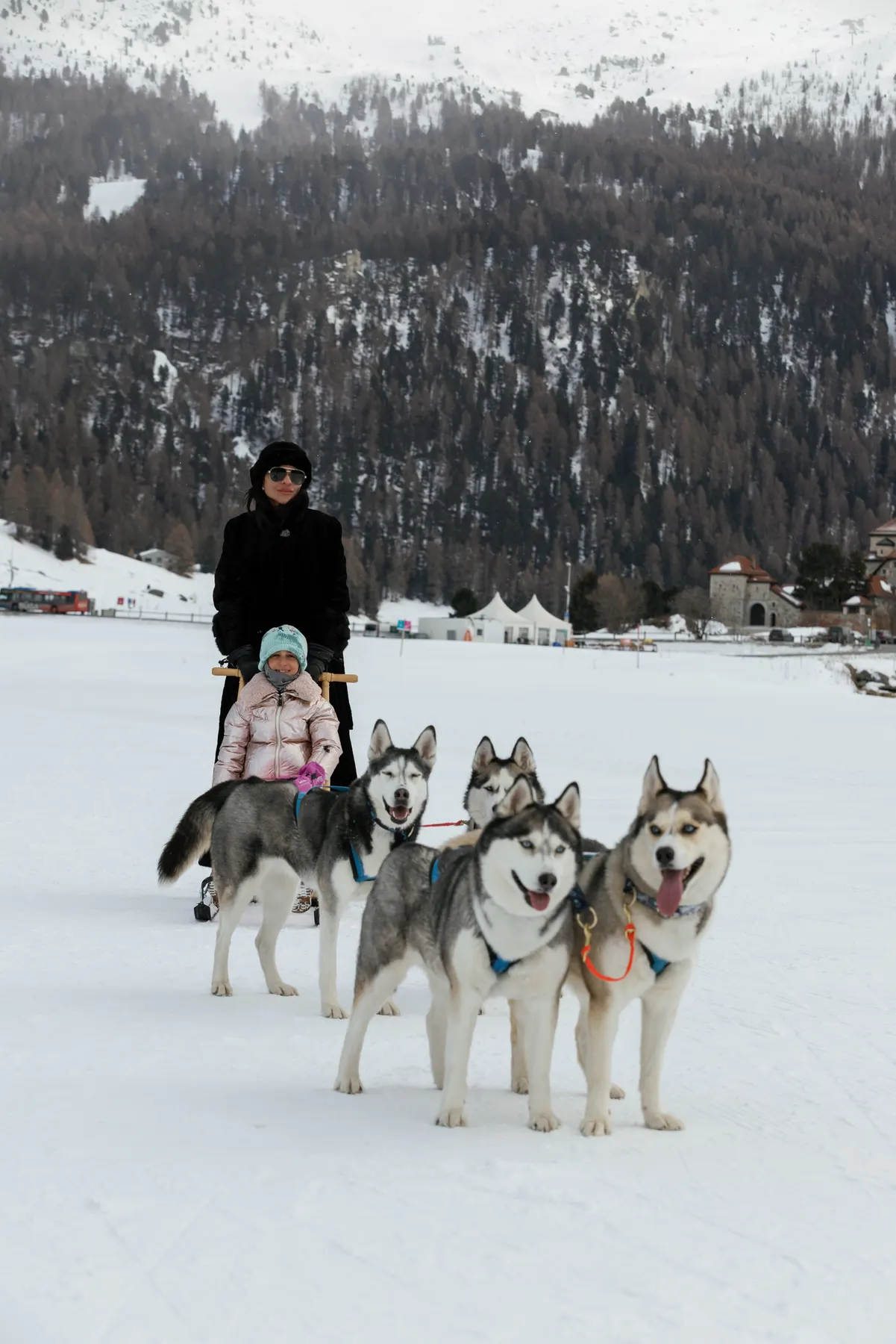 Family enjoying a dog sledding experience with huskies in St. Moritz.